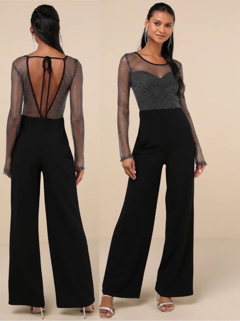 NWT Lulu’s Beyond Glamorous Black Fishnet Rhinestone Jumpsuit XS Party Chic
